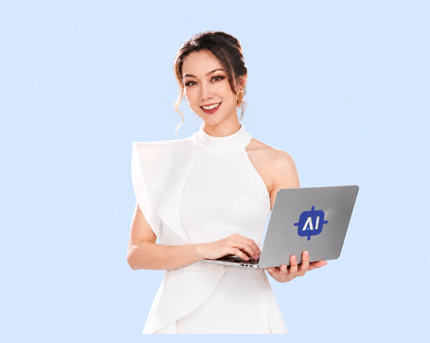 Woman holding a laptop with the AI Advantage logo