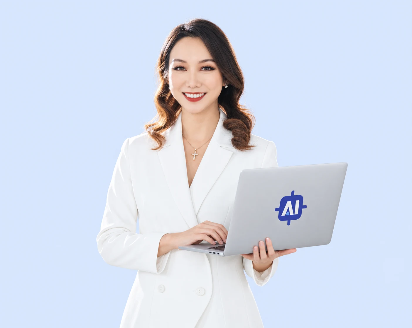 Woman in a white blazer holding a laptop with the AI Advantage logo